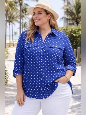 Talbots Blue White Polka Dot Linen Blend Button Shirt Plus Size—2XL